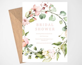 Bridal Shower Invitation, Blush Pink, Printable Invitation, Floral, Rustic Bridal Shower, Boho, Invitation Template, Bridal Shower Invites,