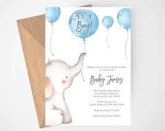 Elephant Baby Shower Invitation, Elephant Invitation, Instant Download, Its a Boy, Boy Baby Shower, Jungle Baby Shower, Elephant, Editable