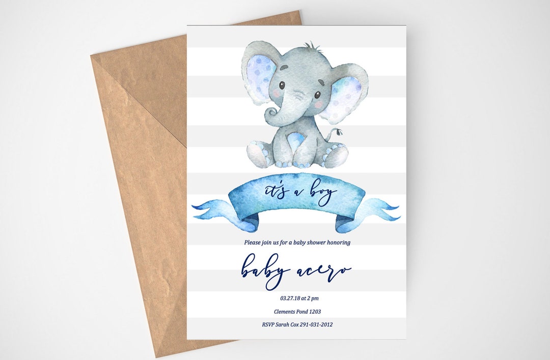 Elephant Baby Shower, Elephant Invitation, Baby Shower Invite, Boy Baby