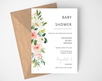 Baby Shower Invitation Girl Instant Download, Blush Pink Floral Baby Shower Invitation, Boho Baby Shower Invites, Instant Download, Editable