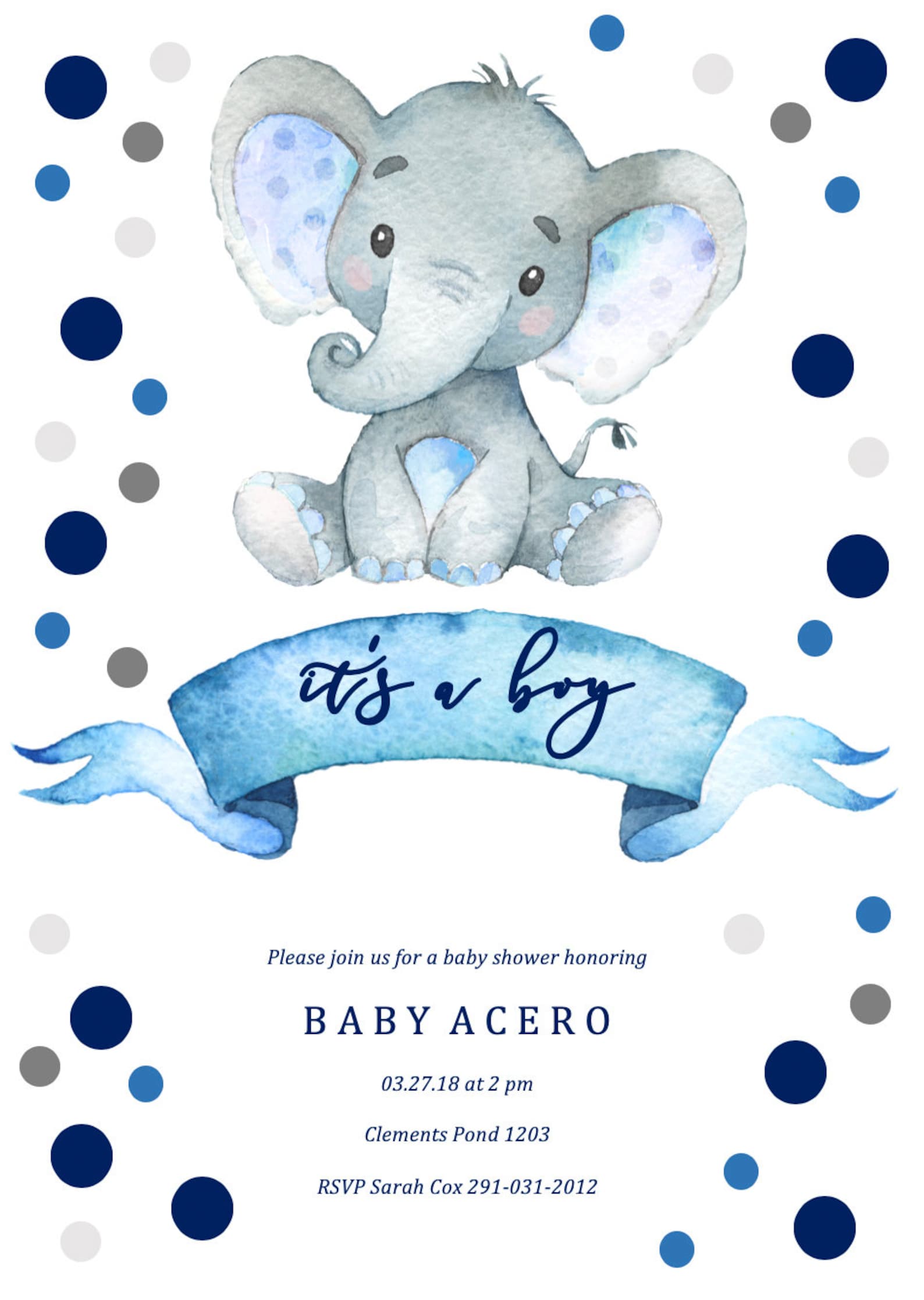 Elephant Baby Shower Invitation Blue Elephant Invitation Boy Etsy