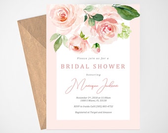 Blush Pink Floral Bridal Shower Invitation, Printable Bridal Shower Invitation, Boho Bridal Shower Invites, Instant Download, Editable, DIY