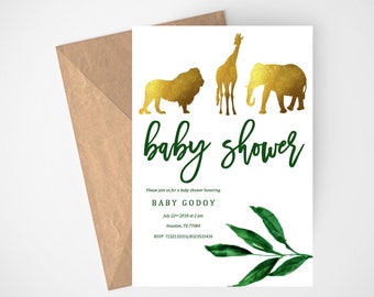 Safari Baby Shower Invitation, Safari Theme, Safari Baby Shower Invitation, Gold, Animal Baby Shower, Jungle Animals, Baby Shower Invites,