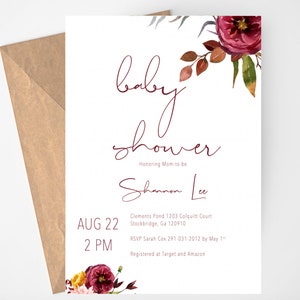 Printable Fall Baby Shower Invitation, Baby Shower Invitation for Girl, Burgundy Floral Baby ...