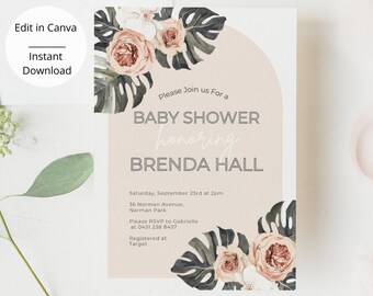 Tropical Baby Shower Invitation, Summer Baby Shower Invitation for a Girl, Palm Tree Leaves Invitation, Girl Baby Shower Invites, Beach