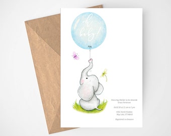 Elephant Baby Shower Invitation boy, Editable Boy Baby Shower Invitations, Jungle Safari Baby Shower Invite, Floral Instant Download oh baby