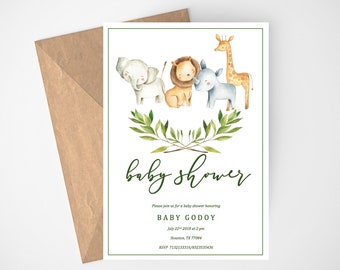 Safari Theme, Safari Theme Party, Safari Baby Shower Invitation, Animal Baby Shower, Jungle Animals, Baby Shower Invites, Greenery, Giraffe