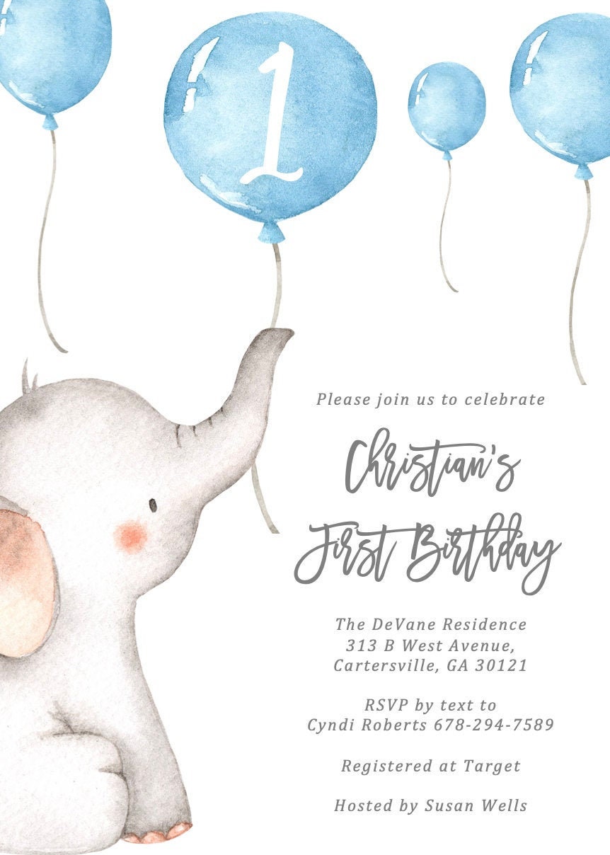 Elephant First Birthday Party Invitation Birthday Invitations Etsy