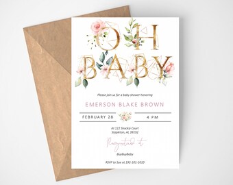 Oh Baby Shower Invites, Blush Pink and Gold Girl Baby Shower Invitation, Baby Shower Invitation Girl, DIY Baby Shower Invitations, Editable