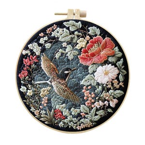 Hummingbird Wedding Blessing Embroidery Kit, Bird and Peony Crewel Design