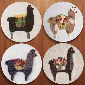 Kit de bordado de alpaca 3D, bordado de rosa de alpaca, lindo kit de bordado de alpaca, kit de bordado moderno de flores para principiantes