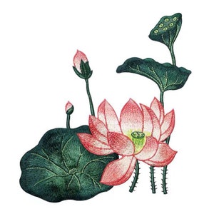 May include: Embroidered pink lotus flower with green leaves and buds. The lotus flower is a symbol of purity, enlightenment, and rebirth.