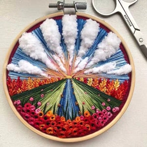 3D Flower and Cloud Embroidery Kit: Mountain Landscape Crewel Design