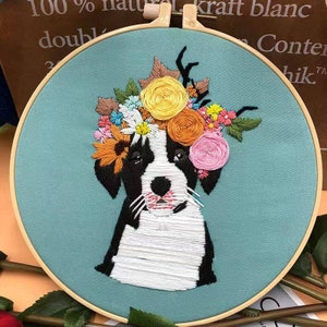 Kit de bordado de perros lindos en 3D, bordado de perros y flores, kit de bordado de perros, kit de bordado moderno con crewel, kit de bordado para principiantes.