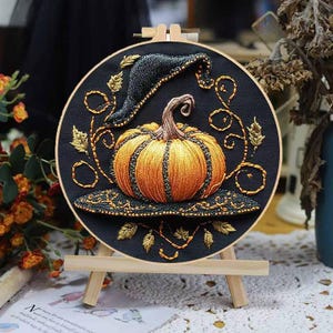 3D Cute Pumokin Stickpackung, Kürbis und Hut Stickerei, Halloween Geschenk Kürbis Stickdatei, modernes Crewel Stickset für Anfänger