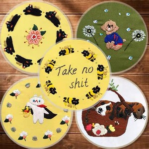 Kit de bordado de gatos y flores en 3D, kit de bordado de peluche y diente de león, kit de bordado de perro lindo, kit de bordado de crewel moderno para principiantes