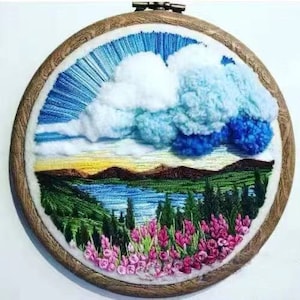 Kit de bordado de montanha e nuvens 3D, bordado de cenário, kit de bordado de paisagem, kit de bordado moderno de lã, kit de bordado para iniciantes