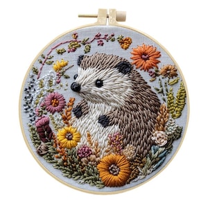 3Dハリネズミ刺繍キット。ハリネズミのガーランド刺繍/デイジーとハリネズミのモダンなクルーエル刺繍キット、初心者向け刺繍キット
