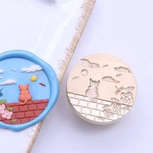 Tampon de cire 3D chat/Kit de sceau de cire de chat dans la fenêtre/Kit de sceau de cire cadeau d'anniversaire/Tampon de cire à cacheter Fleur et libellule