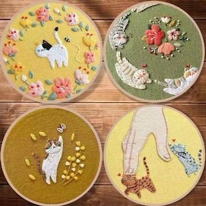 Cute Cat  Embroidery Kit,Cute Cat flowers Embroidery kit ,Cat love gift  Embroidery Kit, Modern Crewel Embroidery Kit for Beginners