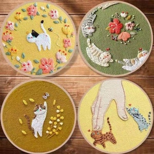 Kit de broderie de chat mignon, kit de broderie de fleurs de chat mignon, kit de broderie de cadeau d'amour de chat, kit moderne de broderie d'équipage pour des débutants