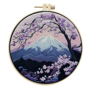 Kit de bordado de montanha de neve e sakura, kit de bordado de montanha de neve e flores, kit de bordado de lã moderna floral para iniciantes