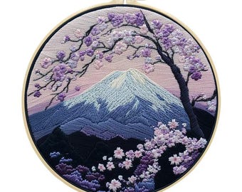Snow Mountain & Sakura Embroidery Kit: Floral Crewel Beginner Project