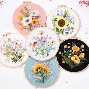 Kit de bordado de girasol y flores 3D, kit de bordado de guirnaldas de margaritas Kit de bordado de lavanda, kit de bordado moderno de crewel para principiantes