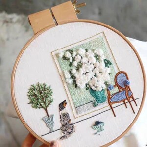 Kit de broderie de chaise de maison 3D, kit de broderie de plante en pot et de chien mignon, kit de broderie de fil de laine de tournesol pour les débutants