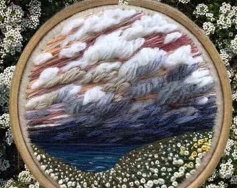 3D Clouds Embroidery Kit: Mountain River Landscape, Beginner Friendly