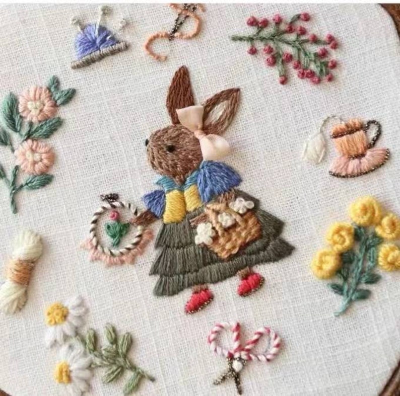 3D Rabbit Embroidery Kitflower Rabbit Embroideryanimal - Etsy