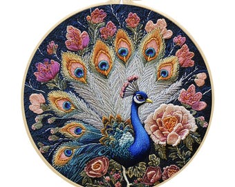 Peacock Embroidery Kit: 3D Flower Crewel Design for Beginners