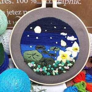 Kit ricamo loto cielo 3D, ricamo girasole notturno stellato, kit ricamo fiore, Garland Moderno Kit ricamo Crewel per principianti
