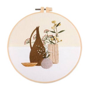 Kit de bordado de tetera y flor 3D, kit de bordado de guirnalda de jarrón Kit de bordado de tetera, moderno kit de bordado de Crewel para principiantes