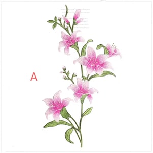 Embroidered Lily Flower Patch: Pink & Green Iron-On Applique