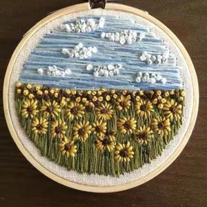 Kit de broderie tournesol,Kit de broderie tournesols et ciel,Broderie ciel et nuages,Kit de broderie Crewel moderne,Kit de broderie pour débutant
