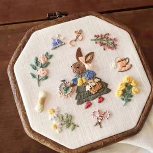 3D Konijn Borduursel Kit, Bloem Konijn Borduurwerk, Dier Borduursel Kit, Moderne Crewel Borduursel Kit, Borduursel Kit Voor Beginner