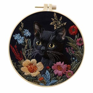 Kit de bordado de gato y flores en 3D, kit de bordado de gato con guirnalda, kit de bordado moderno de gato lindo para principiantes