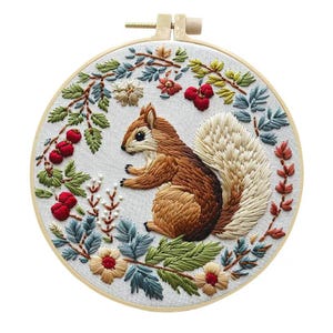 Squirrel in branch  Emboridery  Kit:  Squirrrl with Pine corn  Crewel Design for Beginners