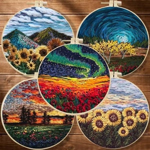 Kit de bordado de girasol 3D, kit de bordado de jardín de flores, kit de bordado de árboles y rosas, kit de bordado de tripulación moderno para principiantes