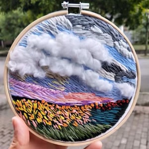 3D Flower & Cloud Landscape Embroidery Kit - Modern Crewel Stitch