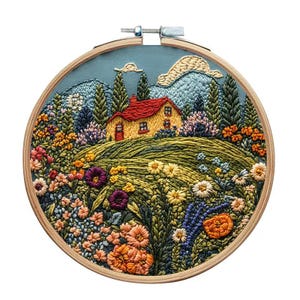 Kit de bordado de casa 3D e guirlanda, kit de bordado de cenário de margarida e floresta, kit de bordado moderno de lã, kit de bordado para iniciantes