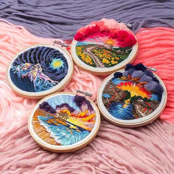 3D Sky Embroidery Kit,Landscape Embroidery,Sunset  clouds Embroidery Kit,Wave  embroidery kie,Modern Crewel Embroidery Kit f