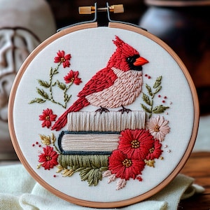 Books & Birds Embroidery DIY Kit /Bird and flower Embroidery Kit: Modern Crewel Design