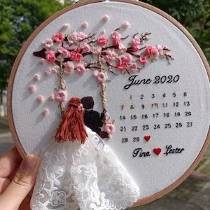 3D benutzerdefinierte Datum und Name Hochzeit Stickpackung, benutzerdefinierte Braut und Bräutigam moderne Crewel Stickpackung, Stickpackung für Anfänger