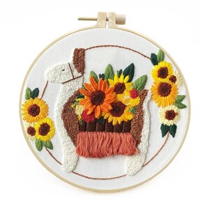 Kit de bordado de alpaca y girasol 3D, bordado de rosa de alpaca, kit de bordado de alpaca linda, kit de bordado de cordero moderno Crewel para principiantes