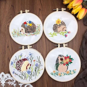 Kit de bordado de erizo y flor 3D, bordado de erizo de guirnalda, kit de bordado de setos de hierba, kit de bordado de crewel moderno para principiantes