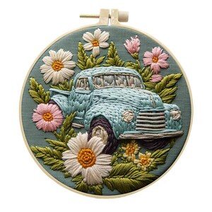 Kit de bordado de coches y flores en 3D, bonito bordado de coches, kit de bordado de guirnaldas, kit de bordado moderno con crewel para principiantes