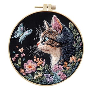 Kit de broderie chat et papillon mignon/Broderie fleur et chat, Kit de broderie papillon chat baiser/Kit de broderie Crewel moderne pour débutants