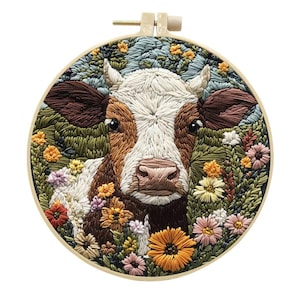 3D Litter Cow and Garland   Embroidery Kit/Cute Calf  Embroidery kit,Modern Crewel Embroidery Kit,Embroidery Kit For Beginner,